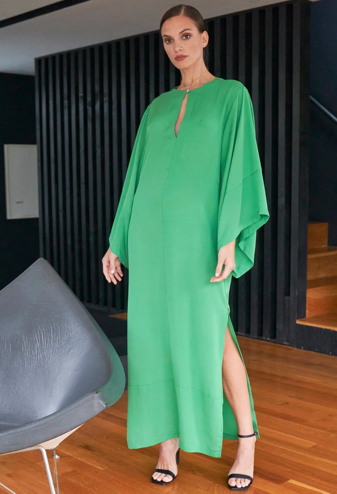 Kimono Sleeve Silk Tunic Dress with Keyhole Neckline - Green