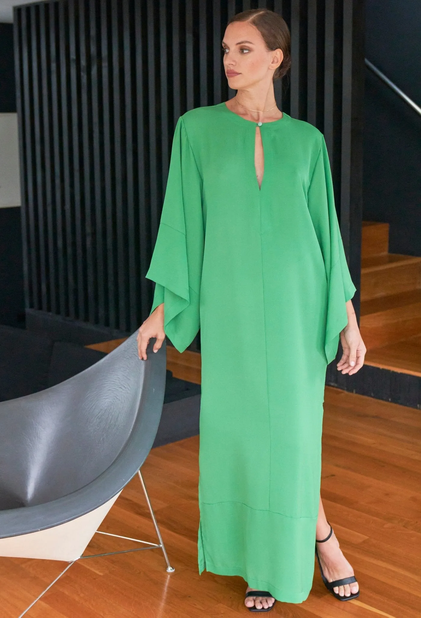 Kimono Sleeve Silk Tunic Dress with Keyhole Neckline - Green