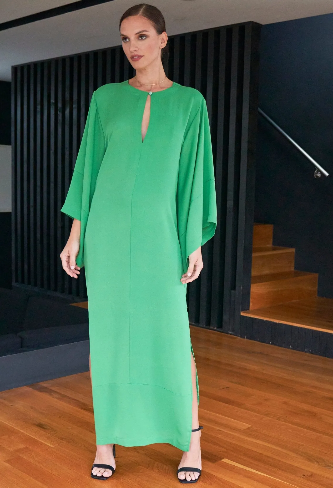 Kimono Sleeve Silk Tunic Dress with Keyhole Neckline - Green