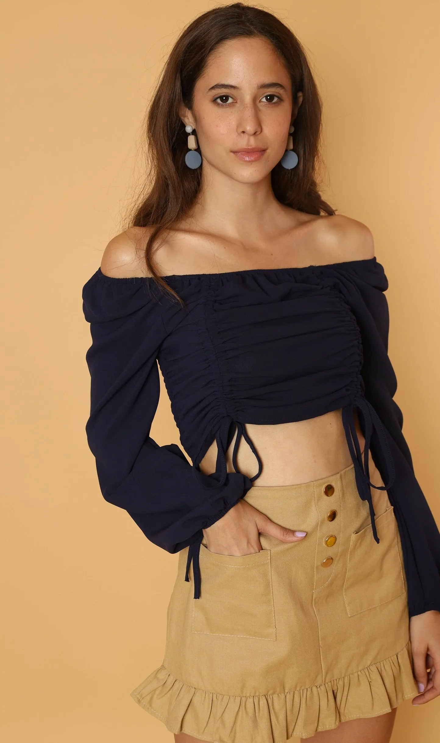 KIRA Ruched Off-Shoulder Top (Navy Blue)