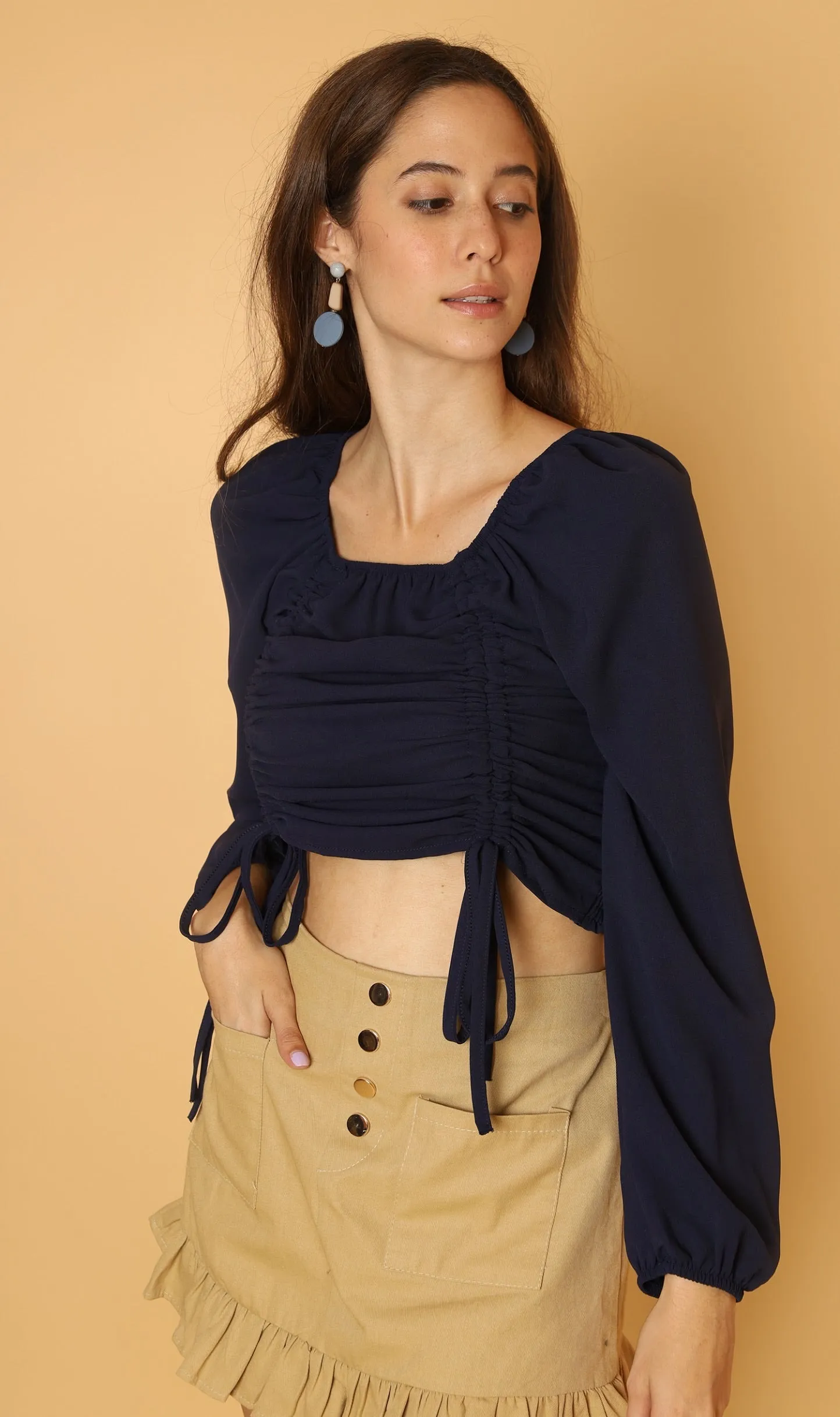 KIRA Ruched Off-Shoulder Top (Navy Blue)