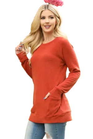 Knit Front Pocket Long Sleeve Top Rust - Pack of 4