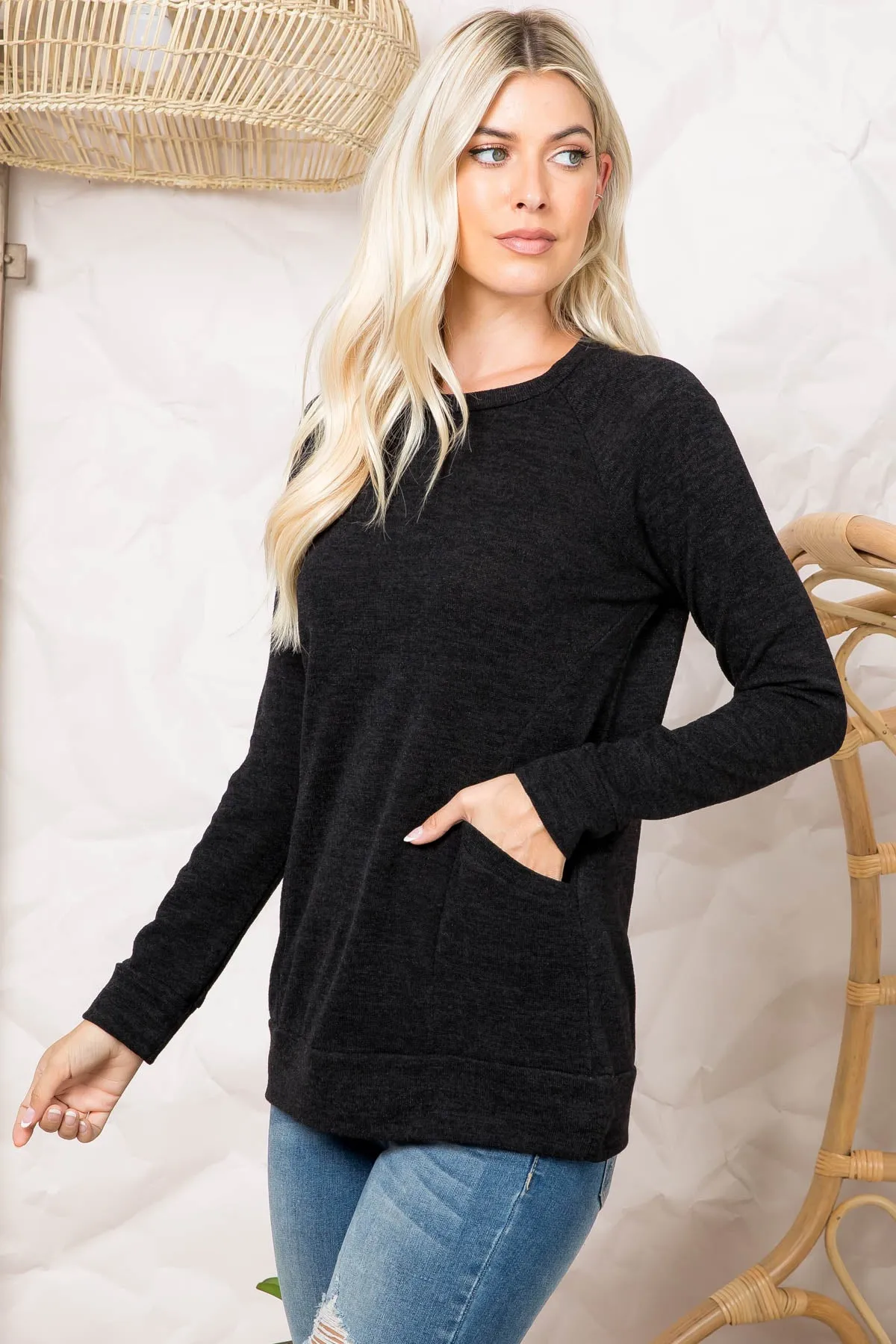 Knit Front Pocket Long Sleeved Top 1