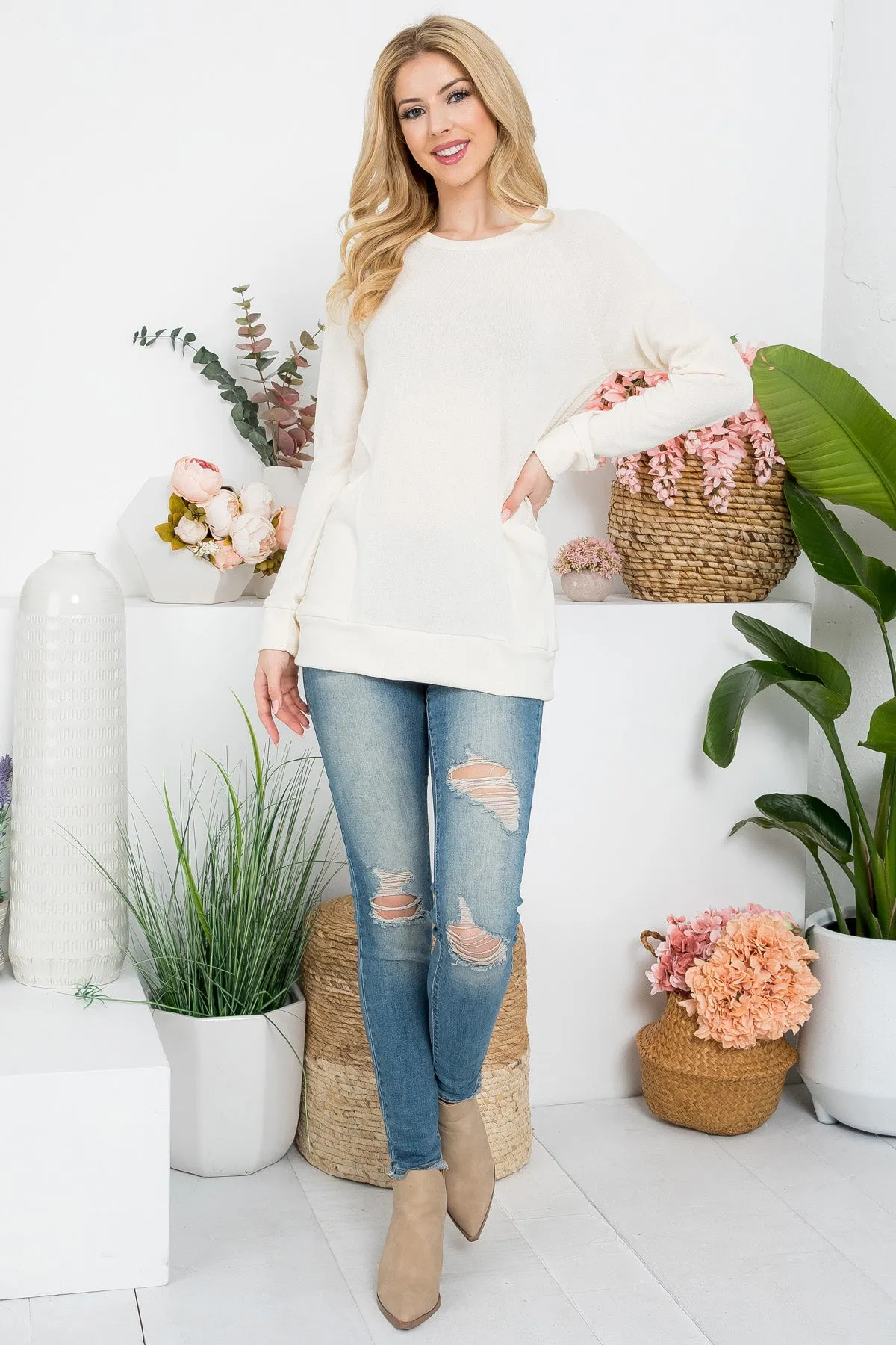 Knit Front Pocket Long Sleeved Top 1