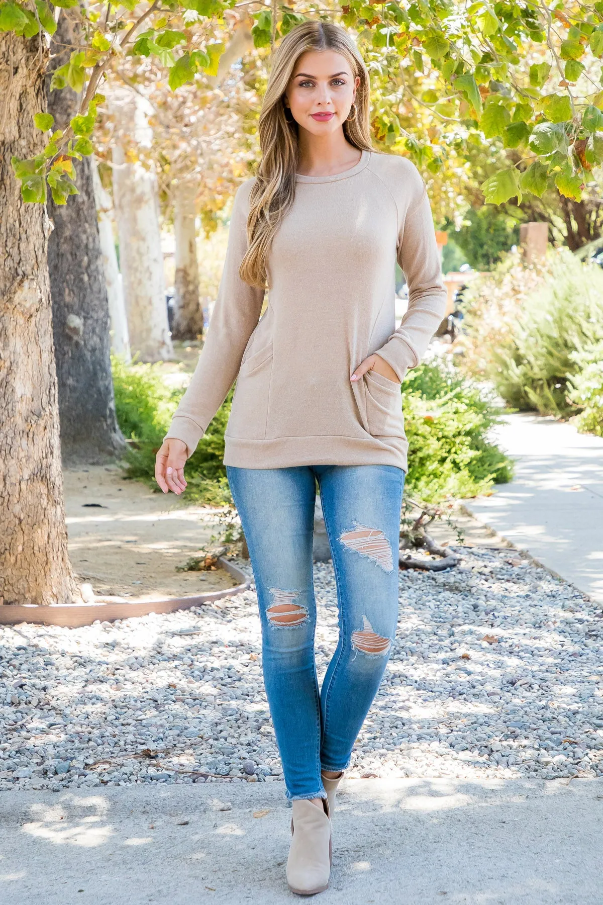 Knit Front Pocket Long Sleeved Top 1