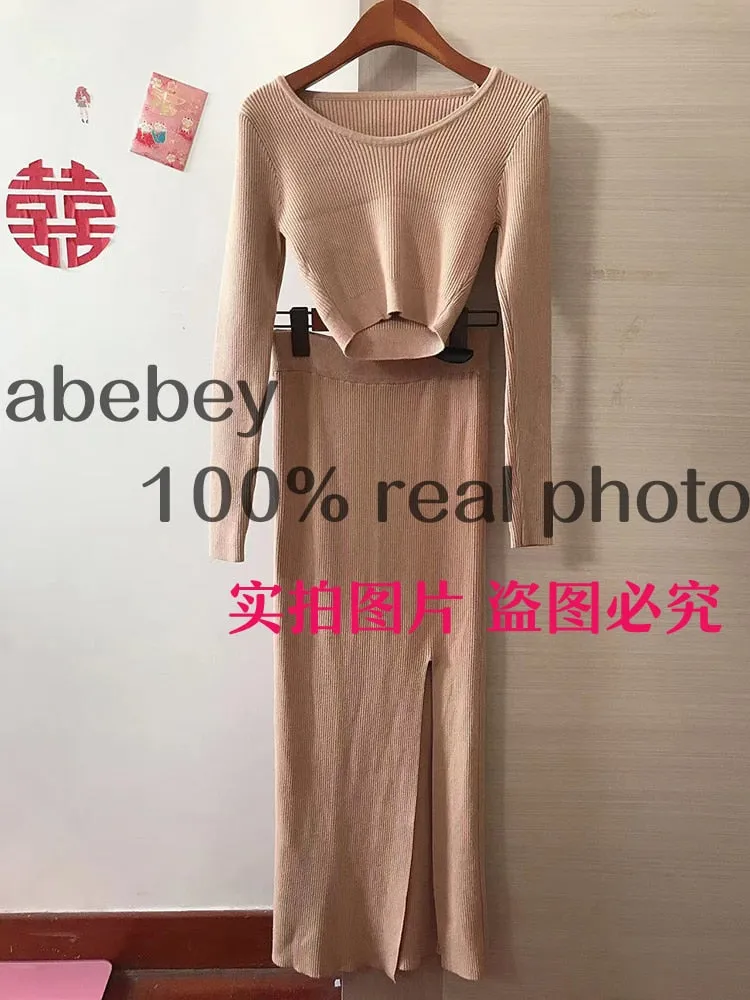 Knitted Winter Women Sexy Sweater Skirt Suit Y2K Fashion Long Sleeve Crop Tops And Long Split Skirt Dress Two Piece Sets