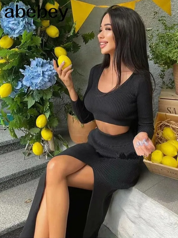 Knitted Winter Women Sexy Sweater Skirt Suit Y2K Fashion Long Sleeve Crop Tops And Long Split Skirt Dress Two Piece Sets