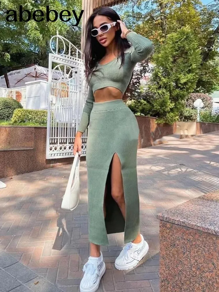 Knitted Winter Women Sexy Sweater Skirt Suit Y2K Fashion Long Sleeve Crop Tops And Long Split Skirt Dress Two Piece Sets