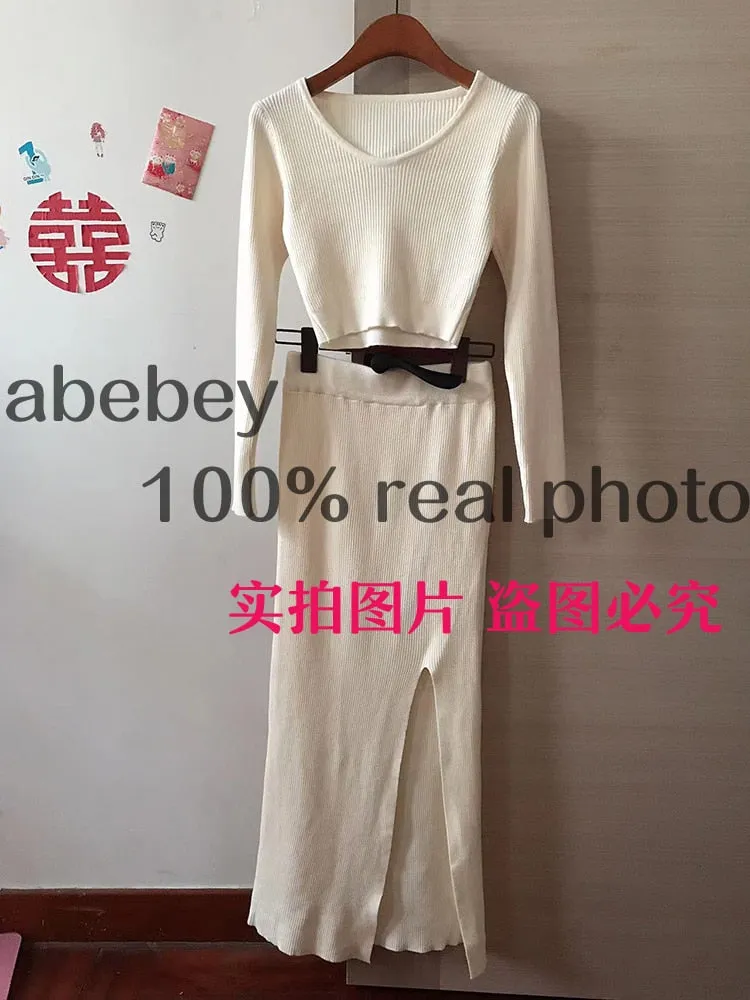 Knitted Winter Women Sexy Sweater Skirt Suit Y2K Fashion Long Sleeve Crop Tops And Long Split Skirt Dress Two Piece Sets