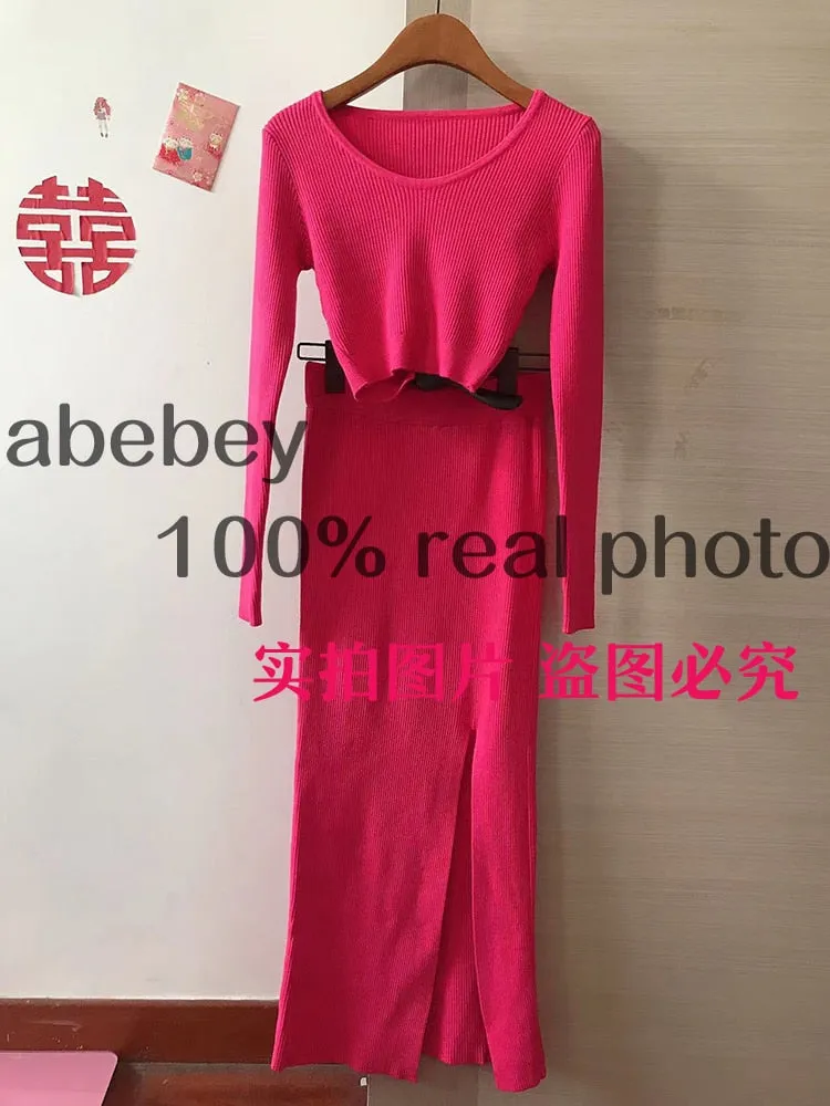 Knitted Winter Women Sexy Sweater Skirt Suit Y2K Fashion Long Sleeve Crop Tops And Long Split Skirt Dress Two Piece Sets