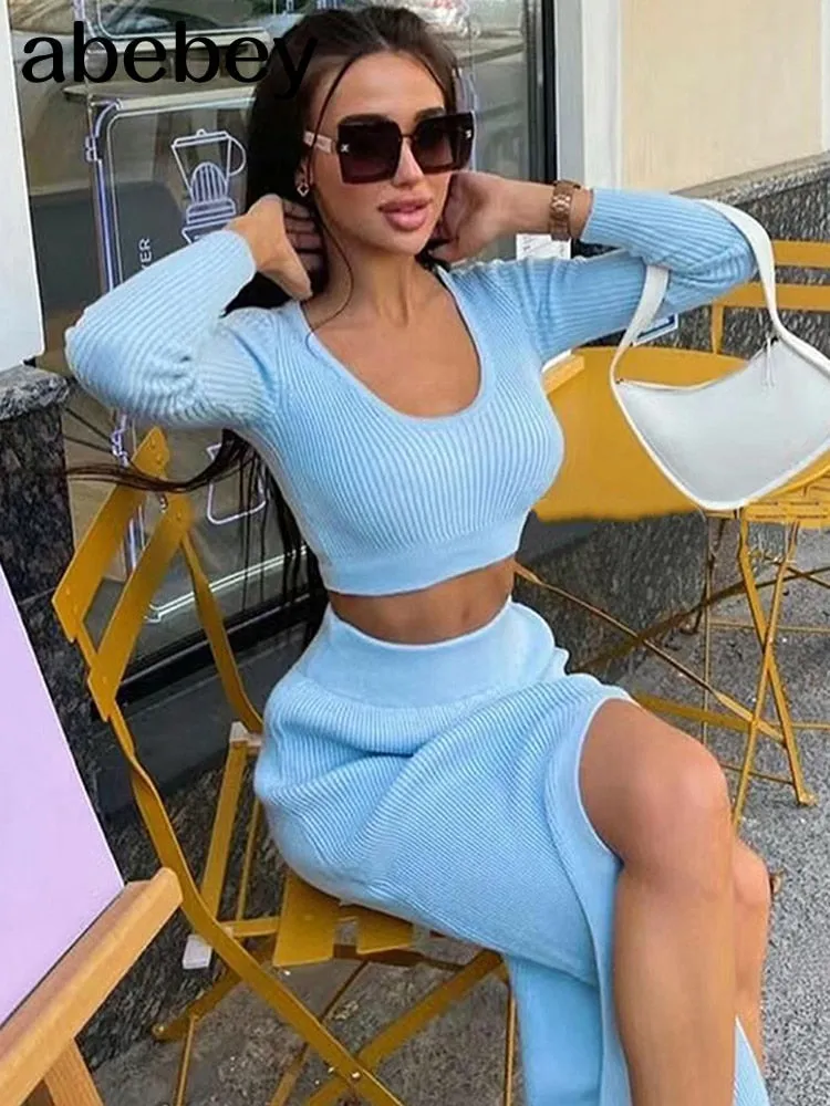 Knitted Winter Women Sexy Sweater Skirt Suit Y2K Fashion Long Sleeve Crop Tops And Long Split Skirt Dress Two Piece Sets