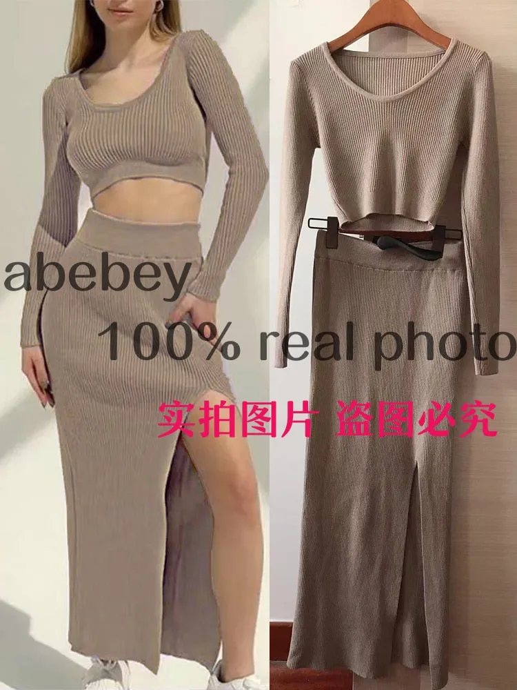 Knitted Winter Women Sexy Sweater Skirt Suit Y2K Fashion Long Sleeve Crop Tops And Long Split Skirt Dress Two Piece Sets