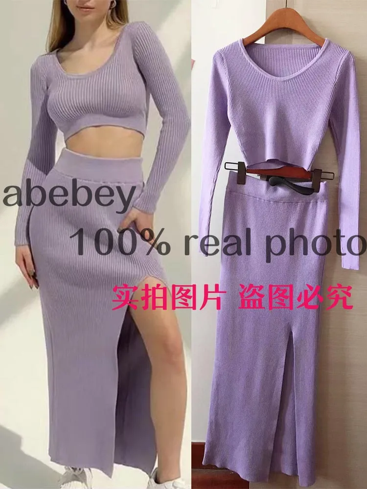 Knitted Winter Women Sexy Sweater Skirt Suit Y2K Fashion Long Sleeve Crop Tops And Long Split Skirt Dress Two Piece Sets