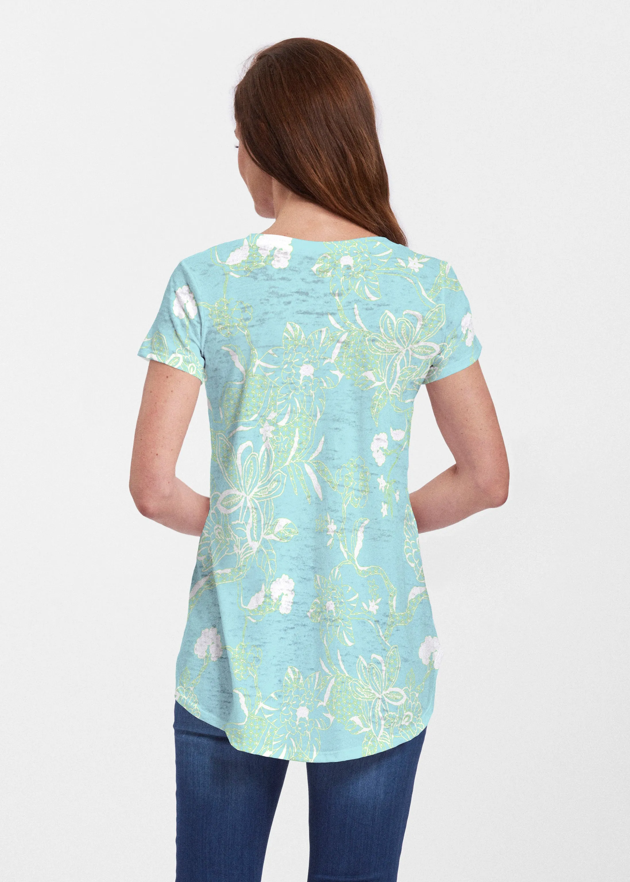 Lace Floral Aqua (7693) ~ Signature Short Sleeve Scoop Neck Flowy Tunic