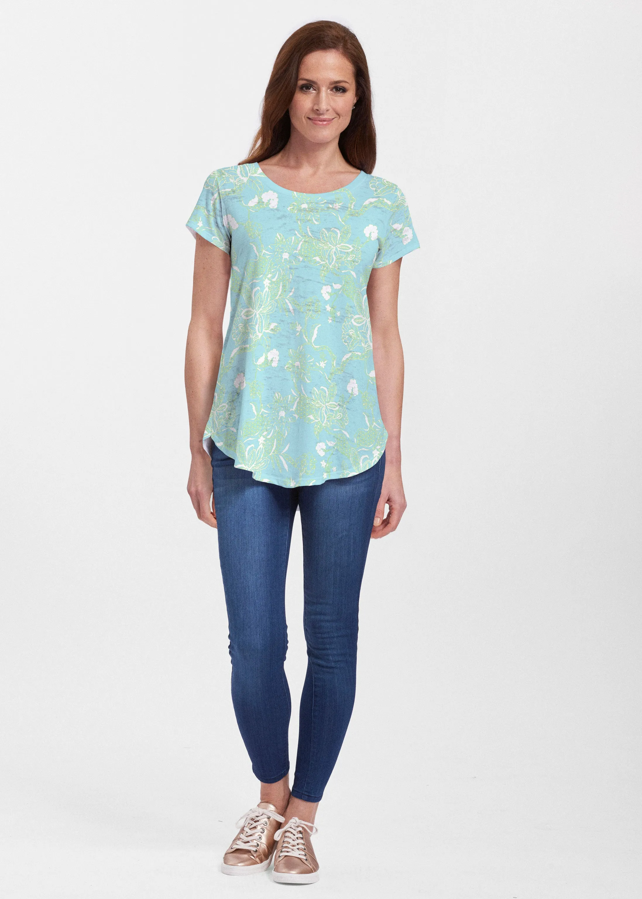 Lace Floral Aqua (7693) ~ Signature Short Sleeve Scoop Neck Flowy Tunic