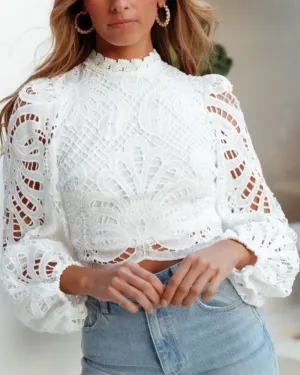Lace Hollow-out Lantern Sleeve Crop Tops
