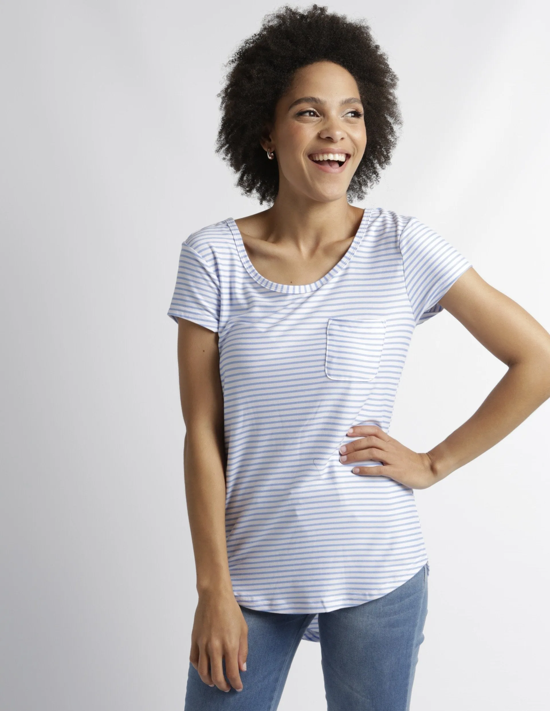 Ladies Pocket Tee - White/Blue