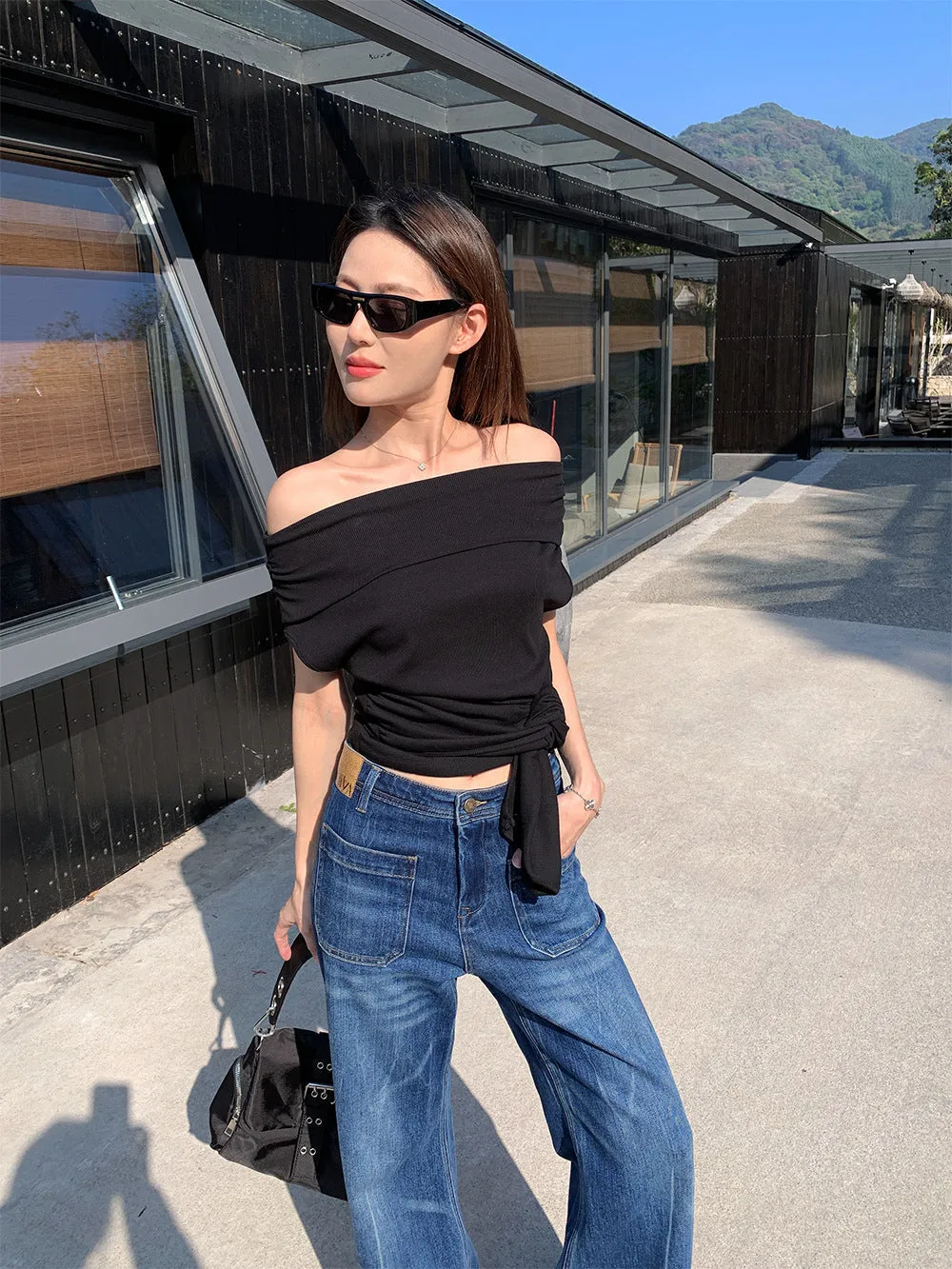 Lapel off-shoulder tee