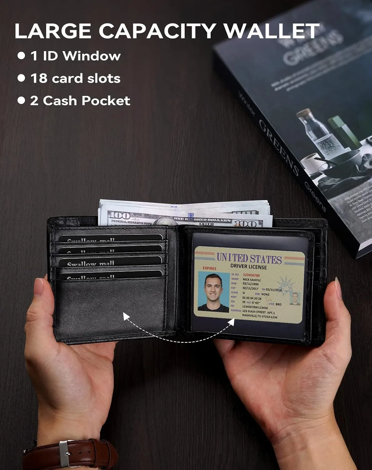 Large Capacity Bifold Wallet for Men, Rfid Blocking Leather Card Holder
