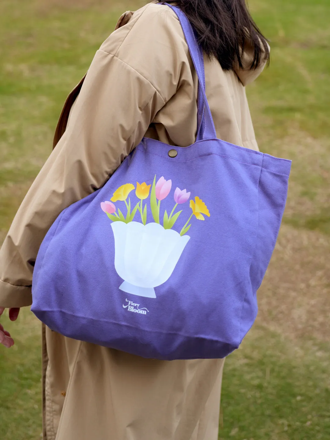 Large Floral Canvas Tote Bag - Purple