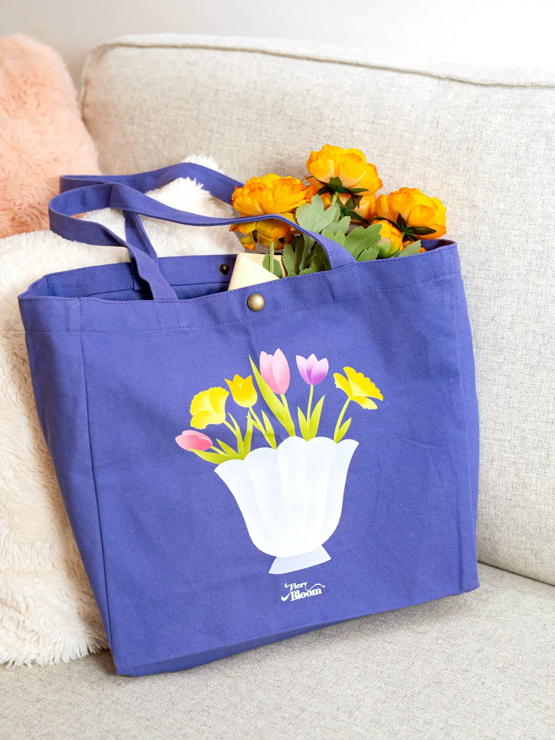 Large Floral Canvas Tote Bag - Purple