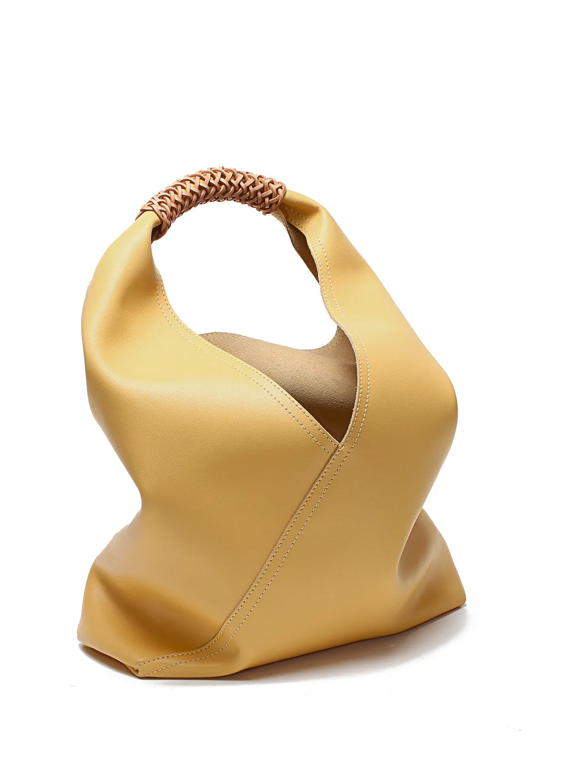Leather V Open-top Basket Handbag Bucket Tote Bag With Braided Leather Handles
