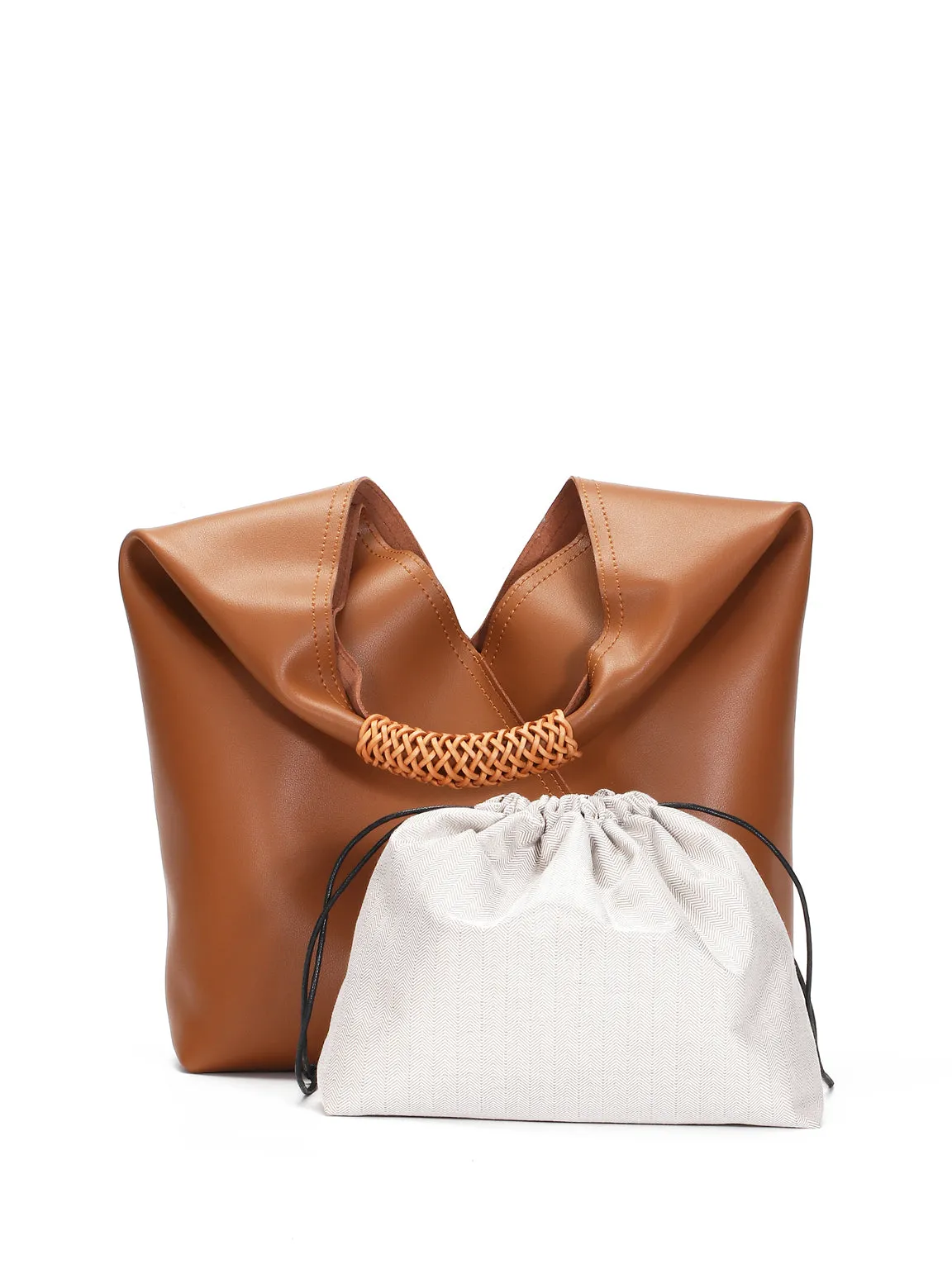 Leather V Open-top Basket Handbag Bucket Tote Bag With Braided Leather Handles