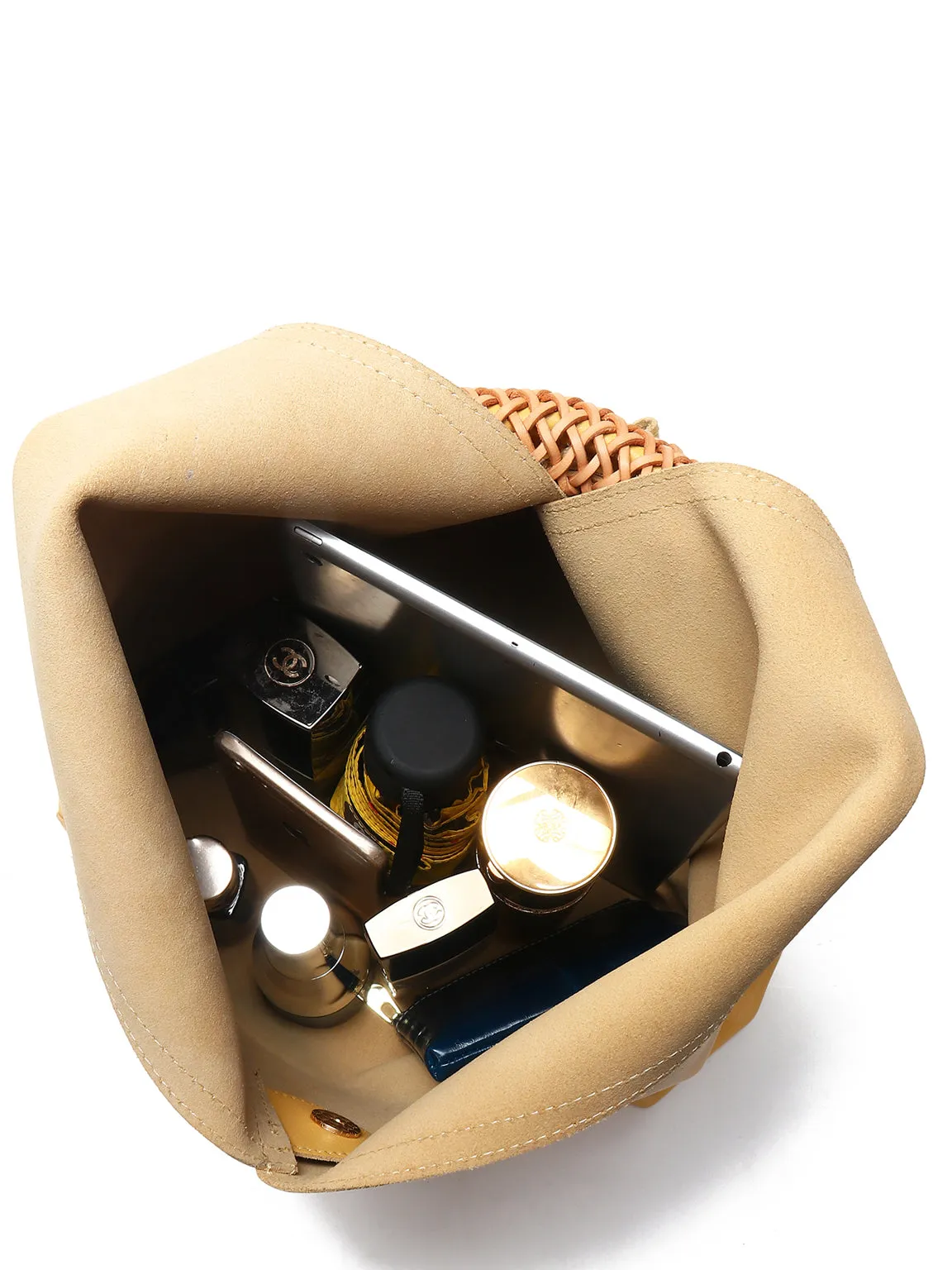 Leather V Open-top Basket Handbag Bucket Tote Bag With Braided Leather Handles