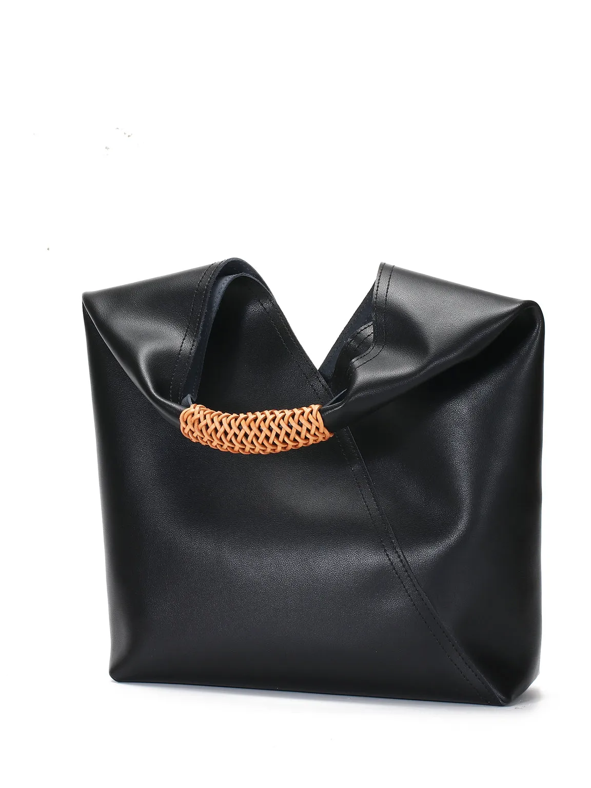 Leather V Open-top Basket Handbag Bucket Tote Bag With Braided Leather Handles
