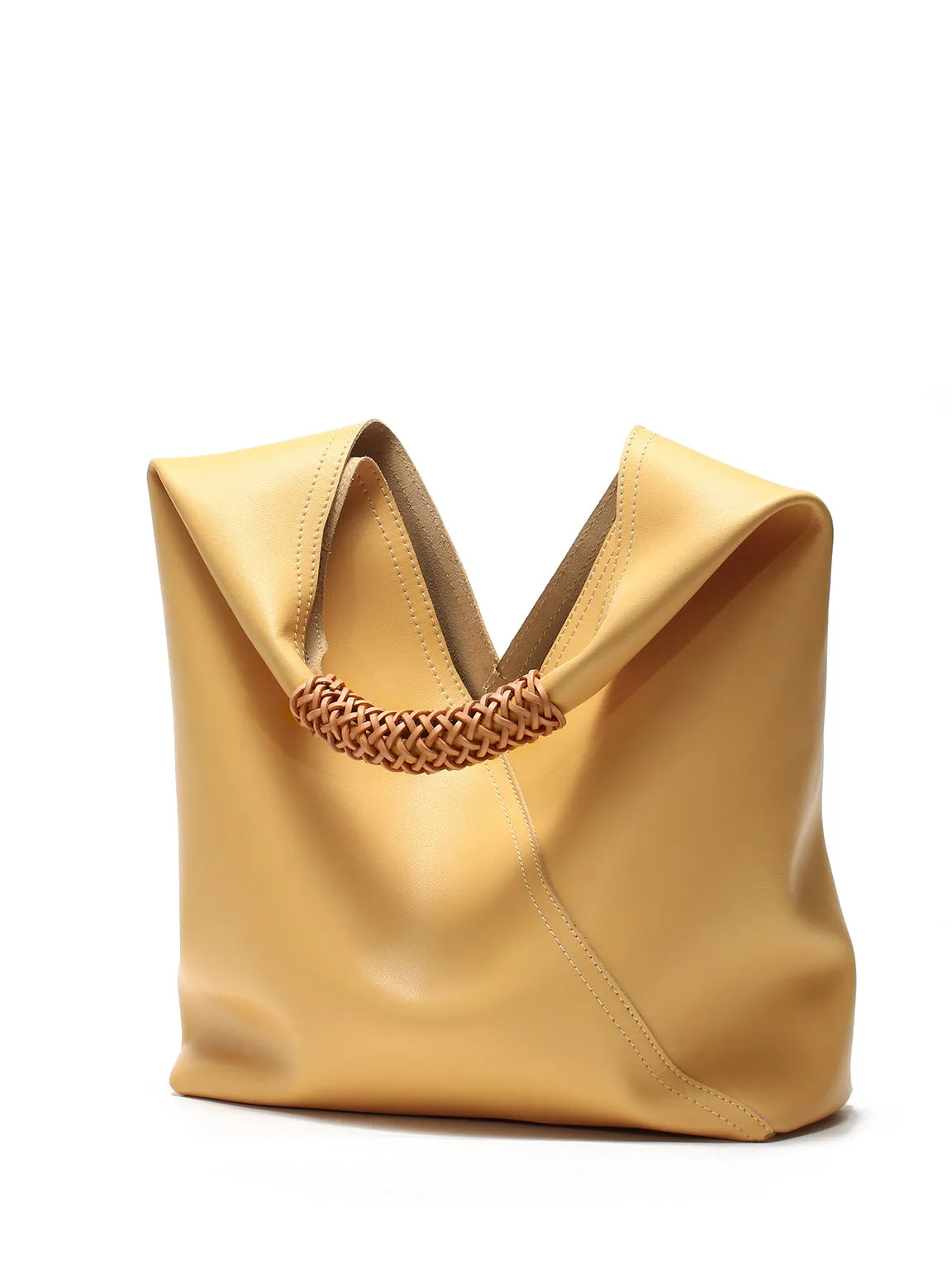Leather V Open-top Basket Handbag Bucket Tote Bag With Braided Leather Handles