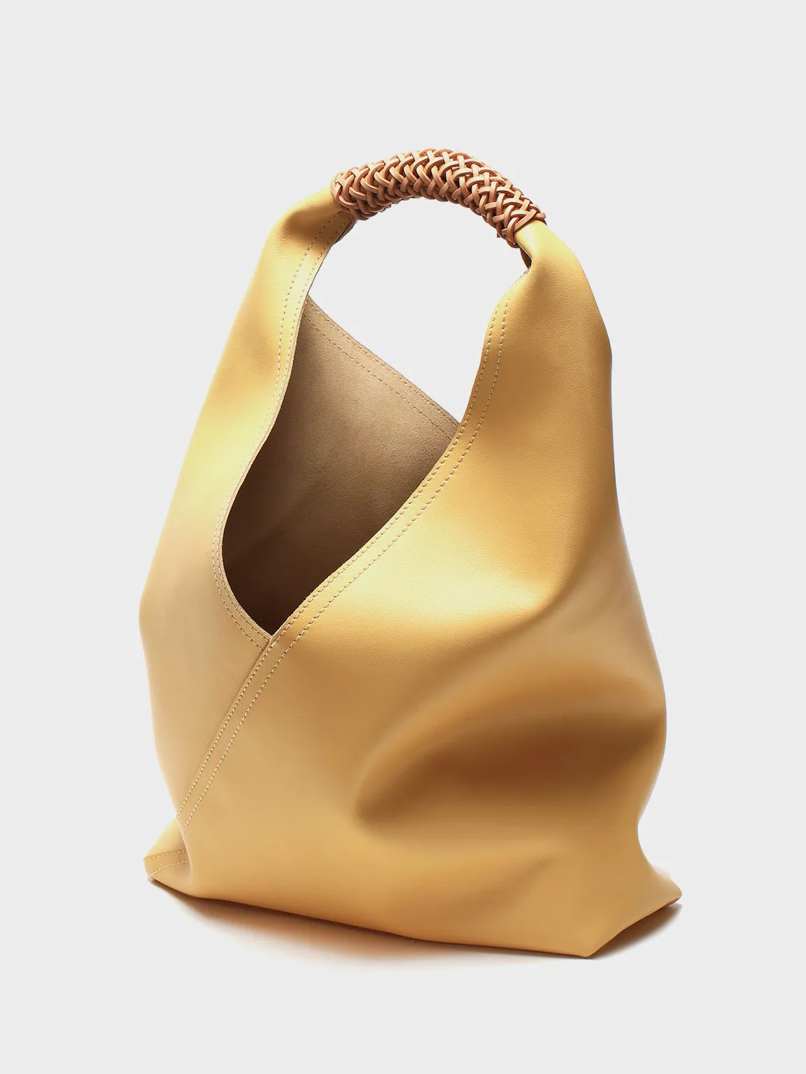 Leather V Open-top Basket Handbag Bucket Tote Bag With Braided Leather Handles