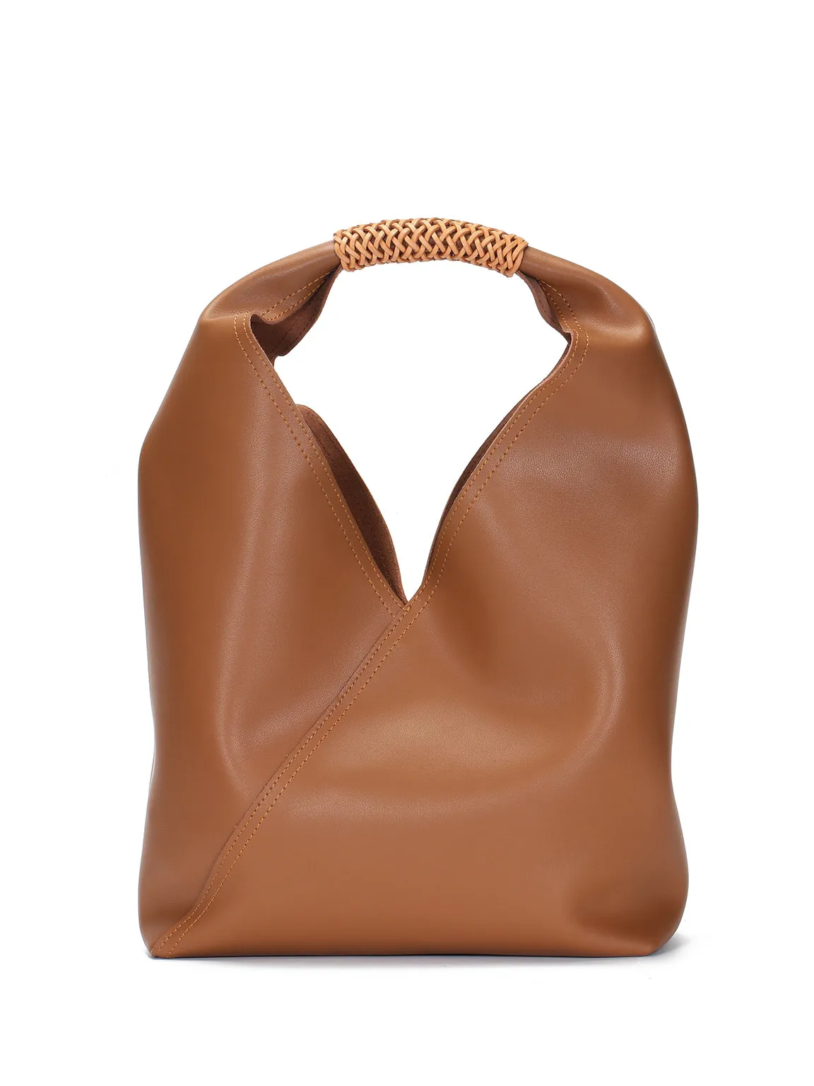 Leather V Open-top Basket Handbag Bucket Tote Bag With Braided Leather Handles