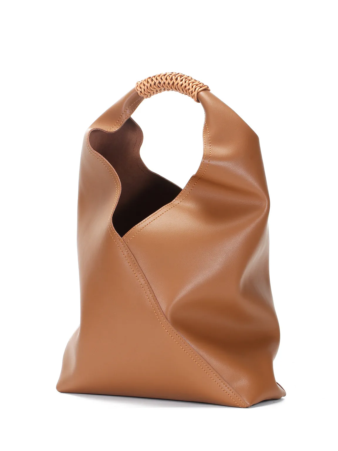 Leather V Open-top Basket Handbag Bucket Tote Bag With Braided Leather Handles