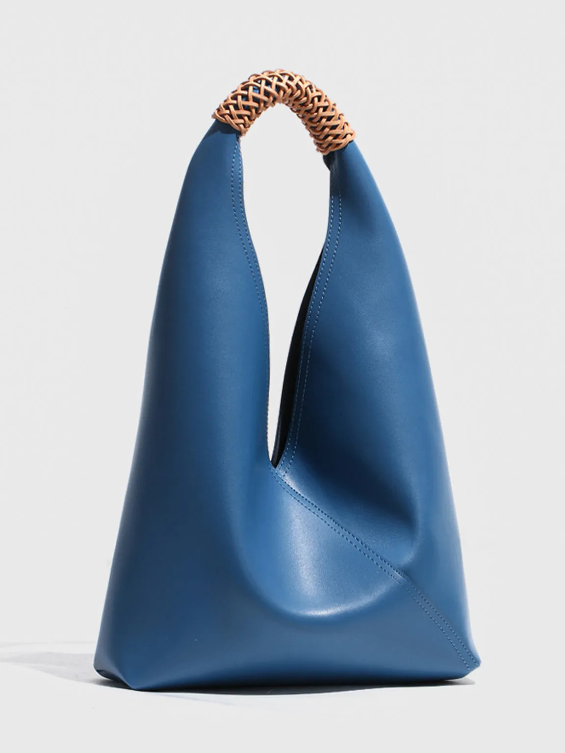 Leather V Open-top Basket Handbag Bucket Tote Bag With Braided Leather Handles