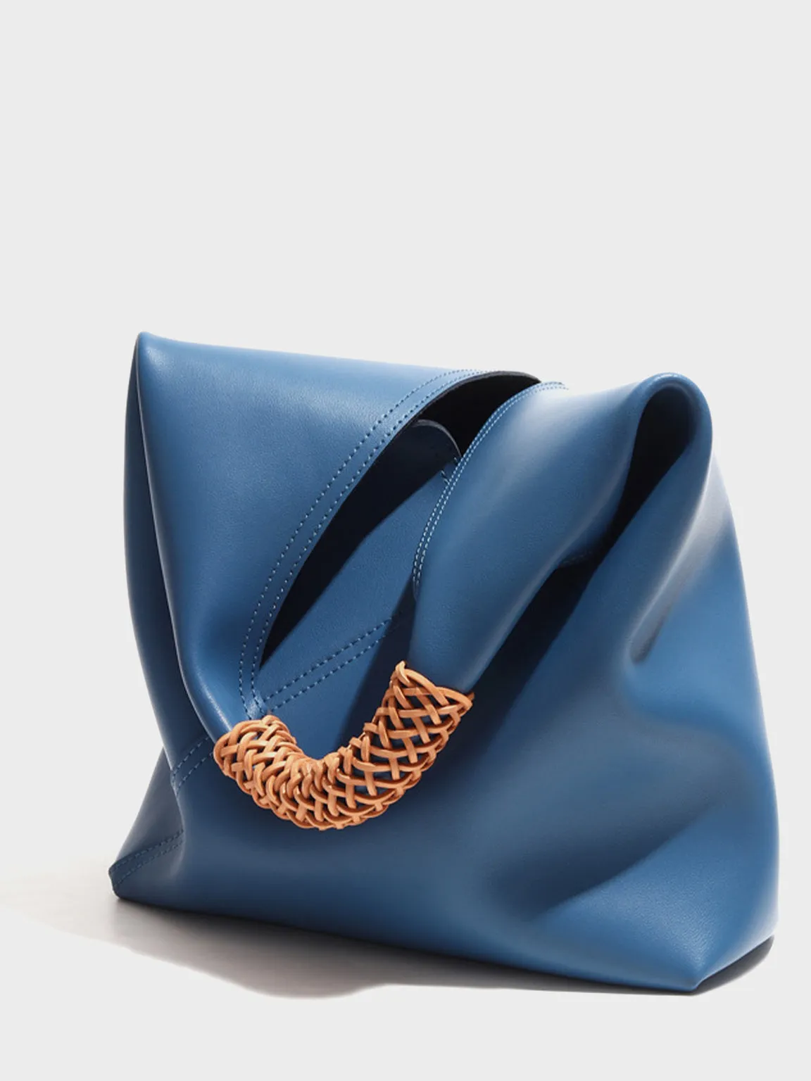 Leather V Open-top Basket Handbag Bucket Tote Bag With Braided Leather Handles