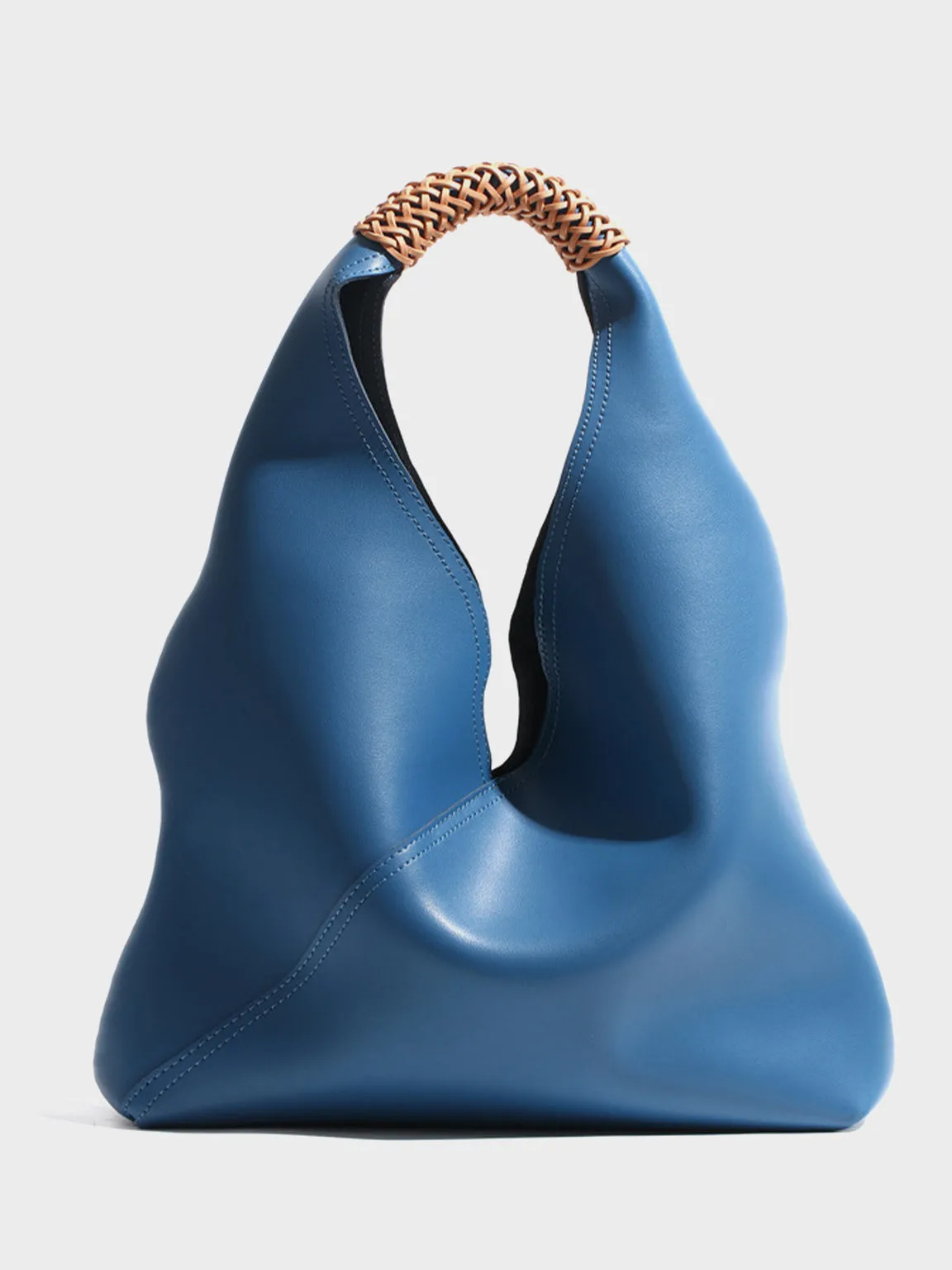 Leather V Open-top Basket Handbag Bucket Tote Bag With Braided Leather Handles