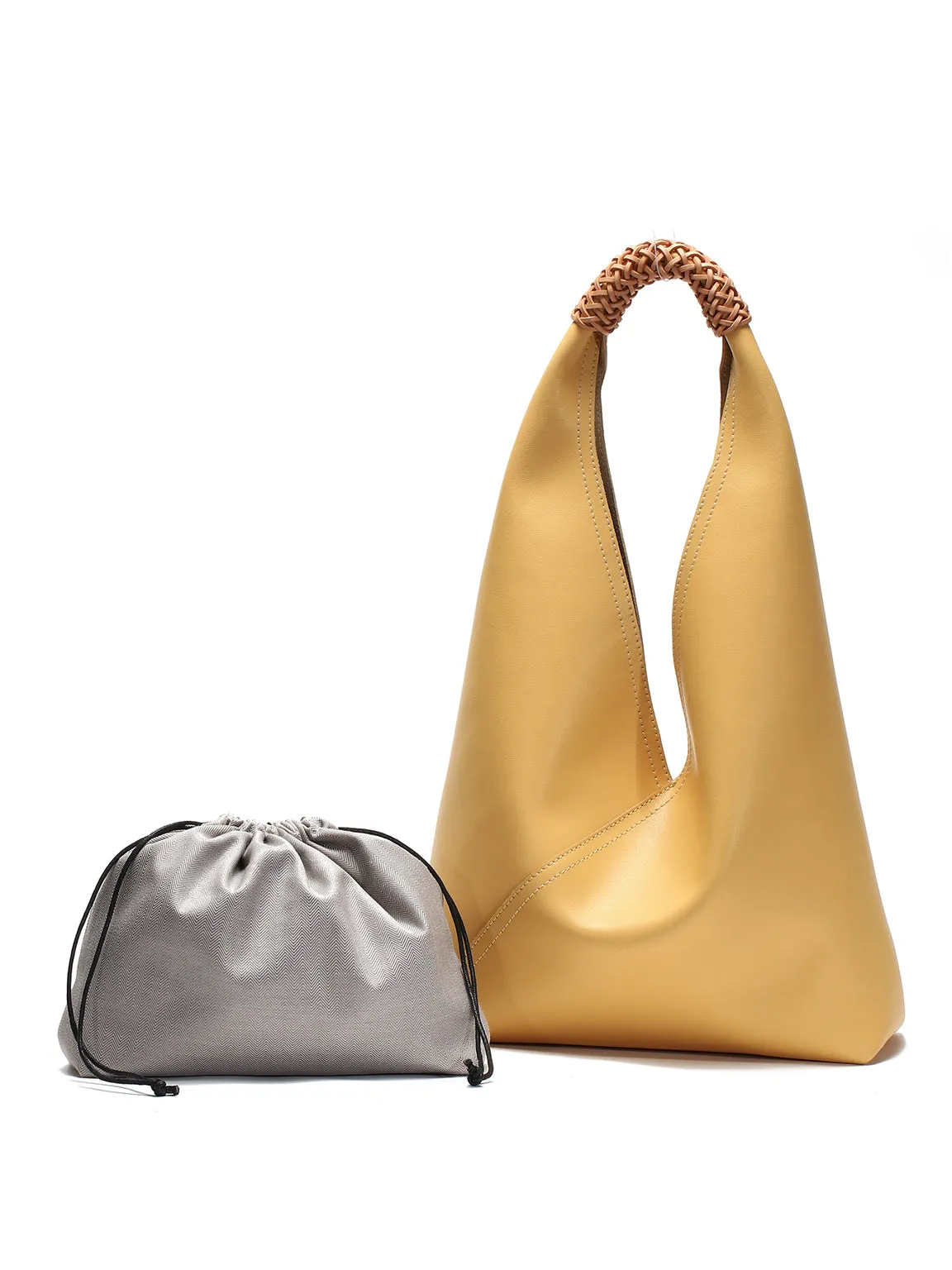 Leather V Open-top Basket Handbag Bucket Tote Bag With Braided Leather Handles