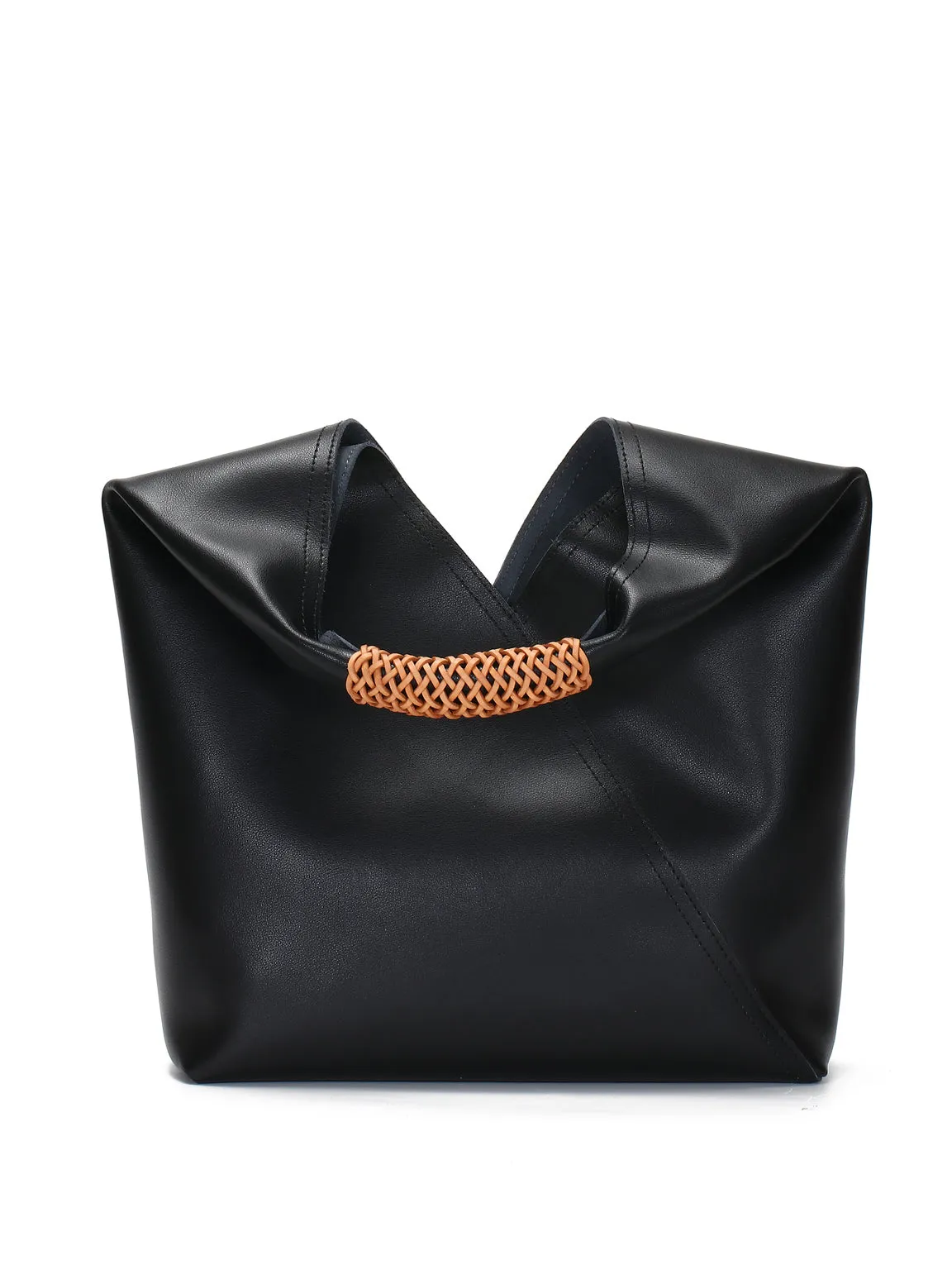 Leather V Open-top Basket Handbag Bucket Tote Bag With Braided Leather Handles