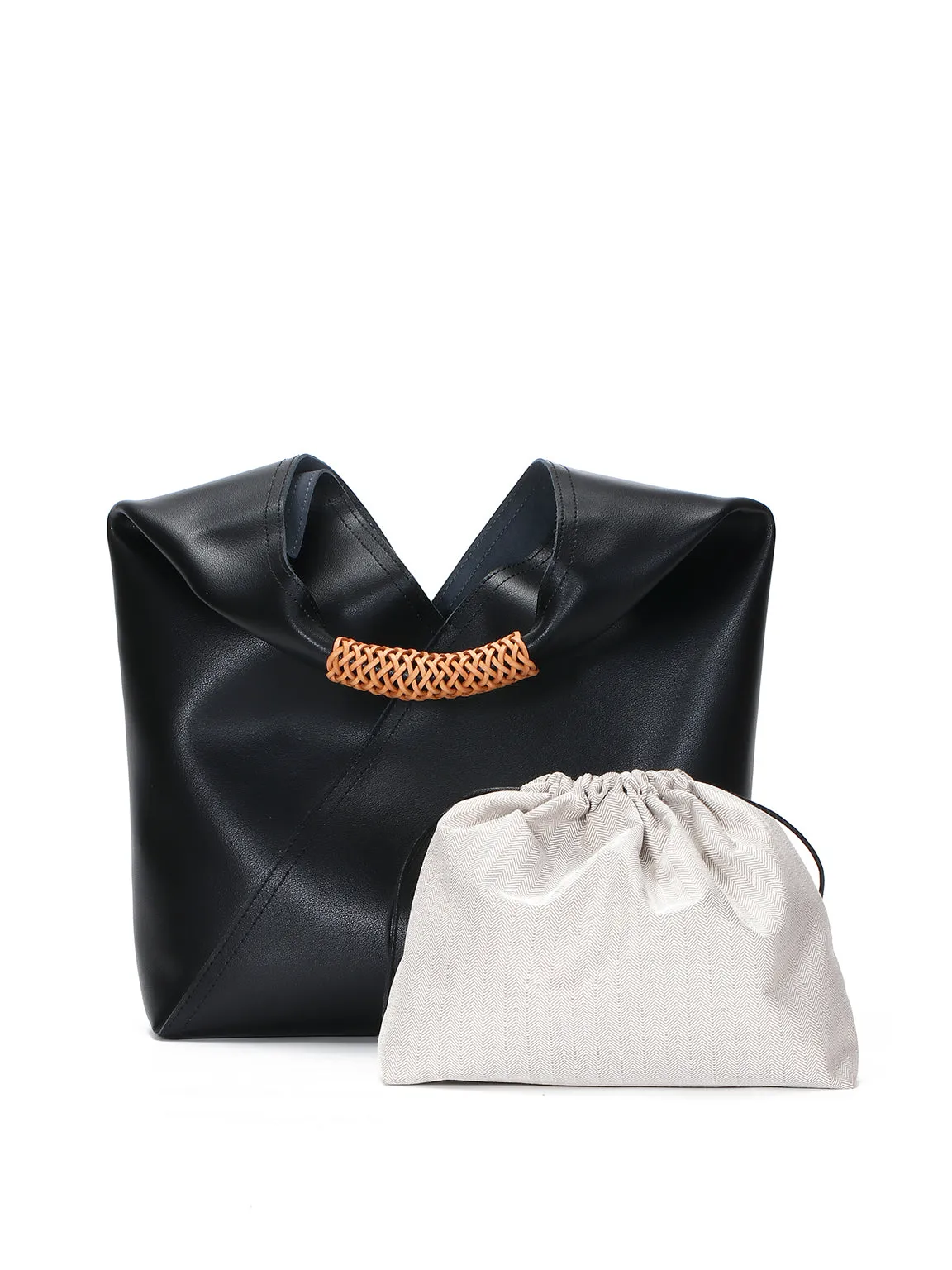 Leather V Open-top Basket Handbag Bucket Tote Bag With Braided Leather Handles