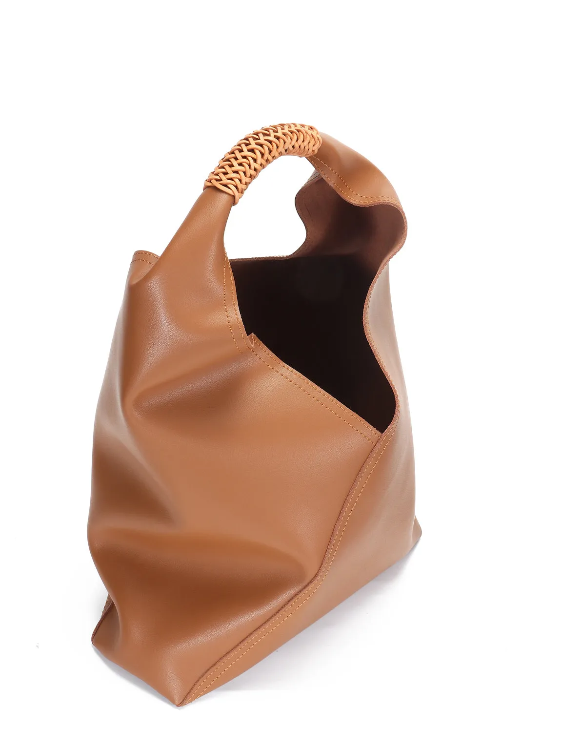 Leather V Open-top Basket Handbag Bucket Tote Bag With Braided Leather Handles
