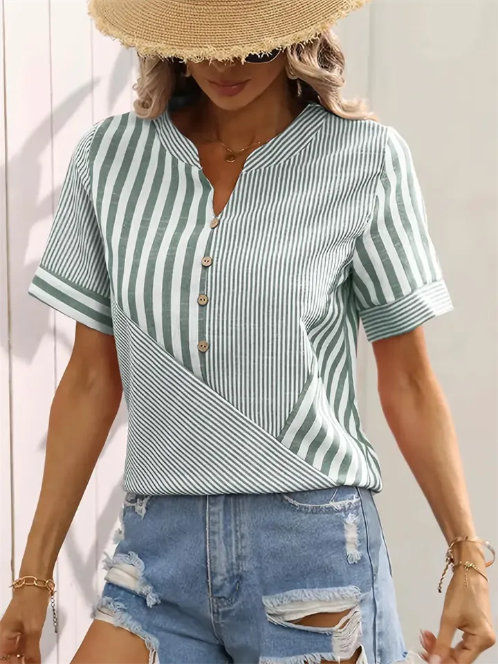 Leisure V Neck Stripe Patchwork Design Short Sleeve Shirt for Women