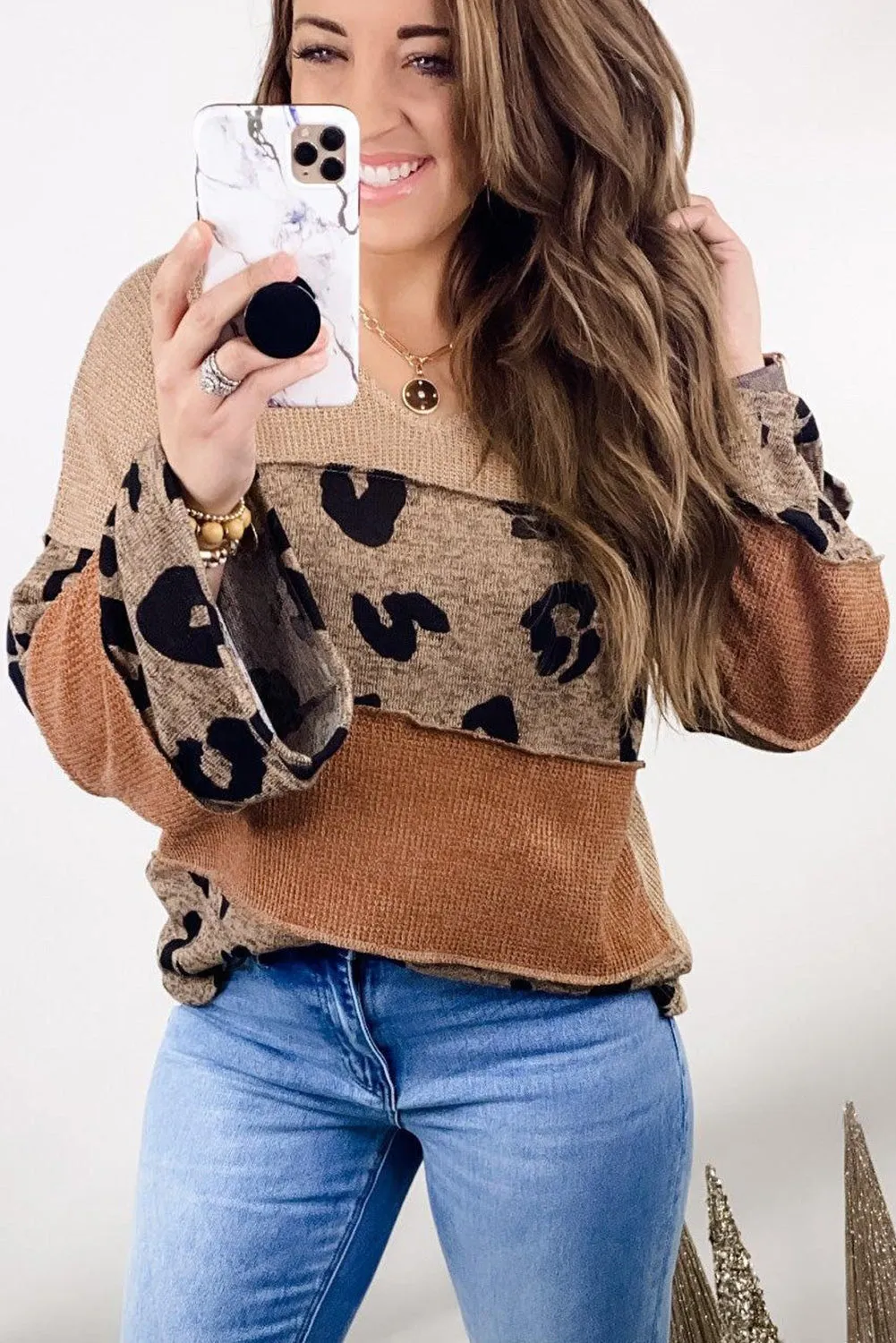 Leopard Colorblock V-Neck Long Sleeve Top
