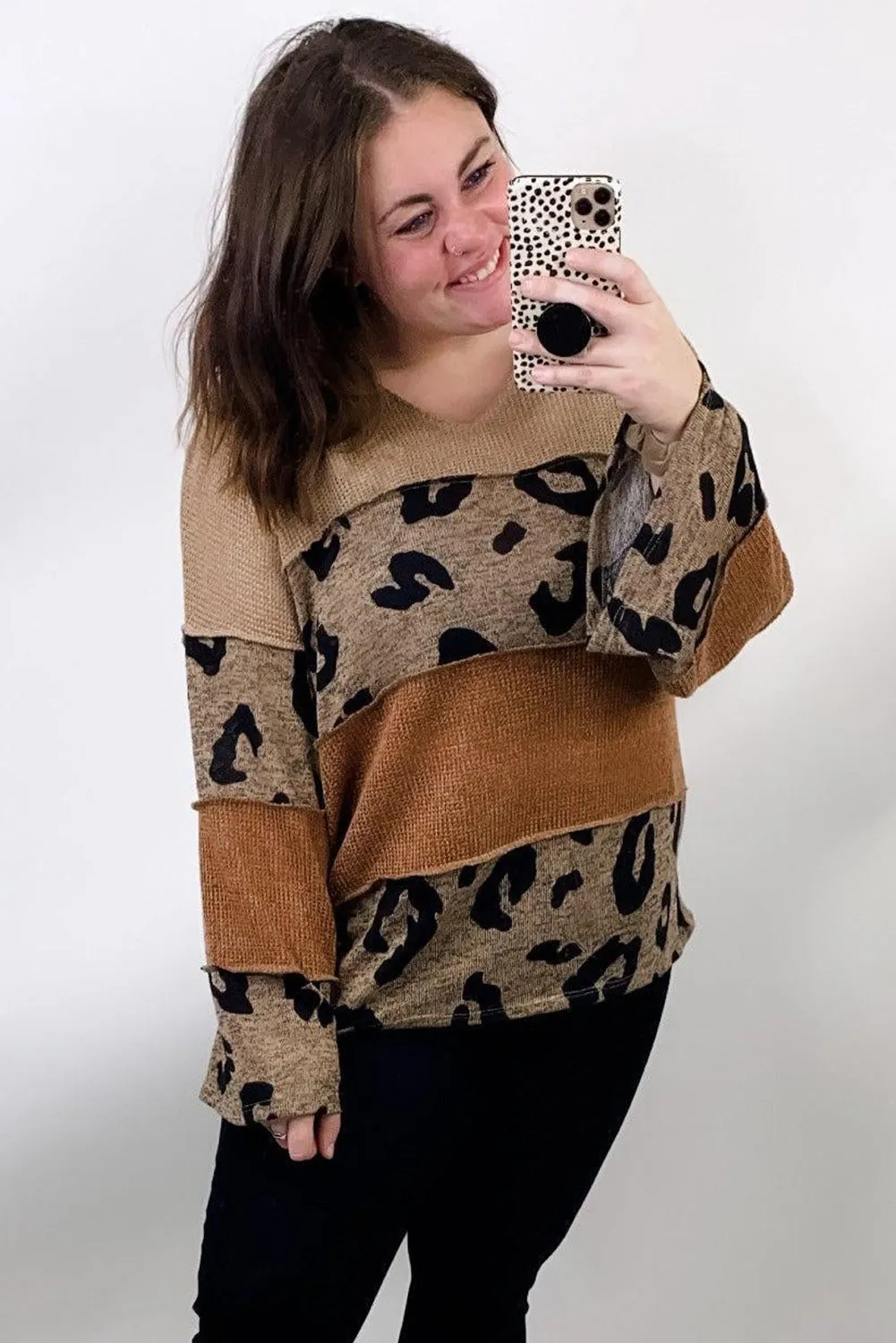 Leopard Colorblock V-Neck Long Sleeve Top