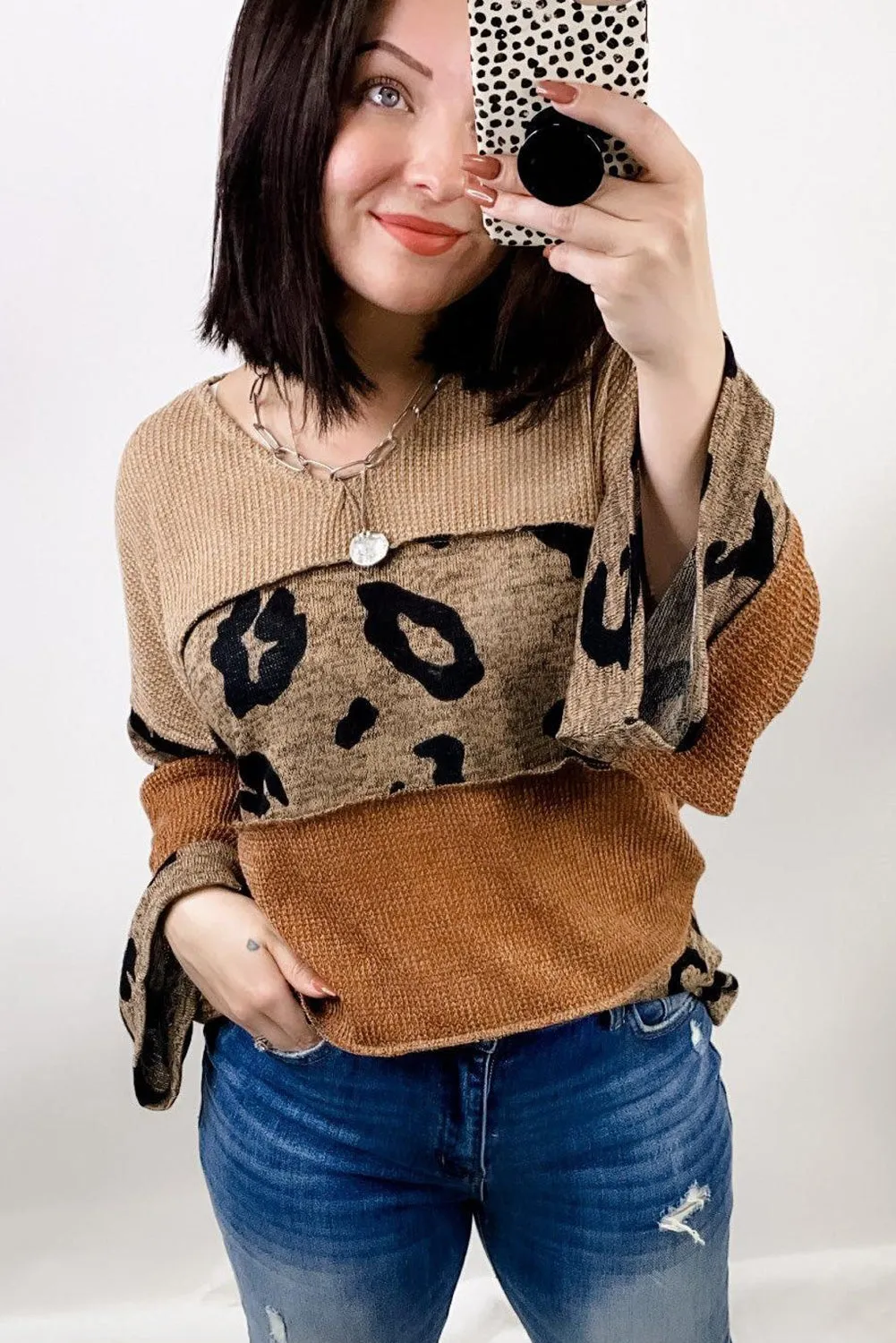 Leopard Colorblock V-Neck Long Sleeve Top