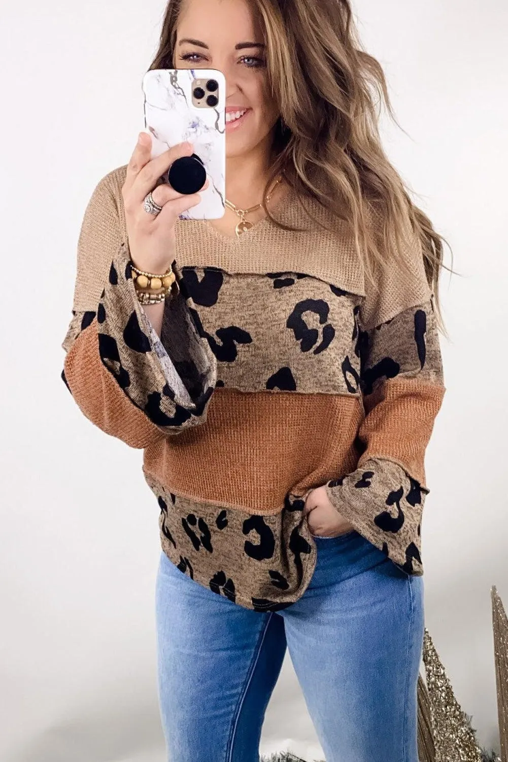 Leopard Colorblock V-Neck Long Sleeve Top