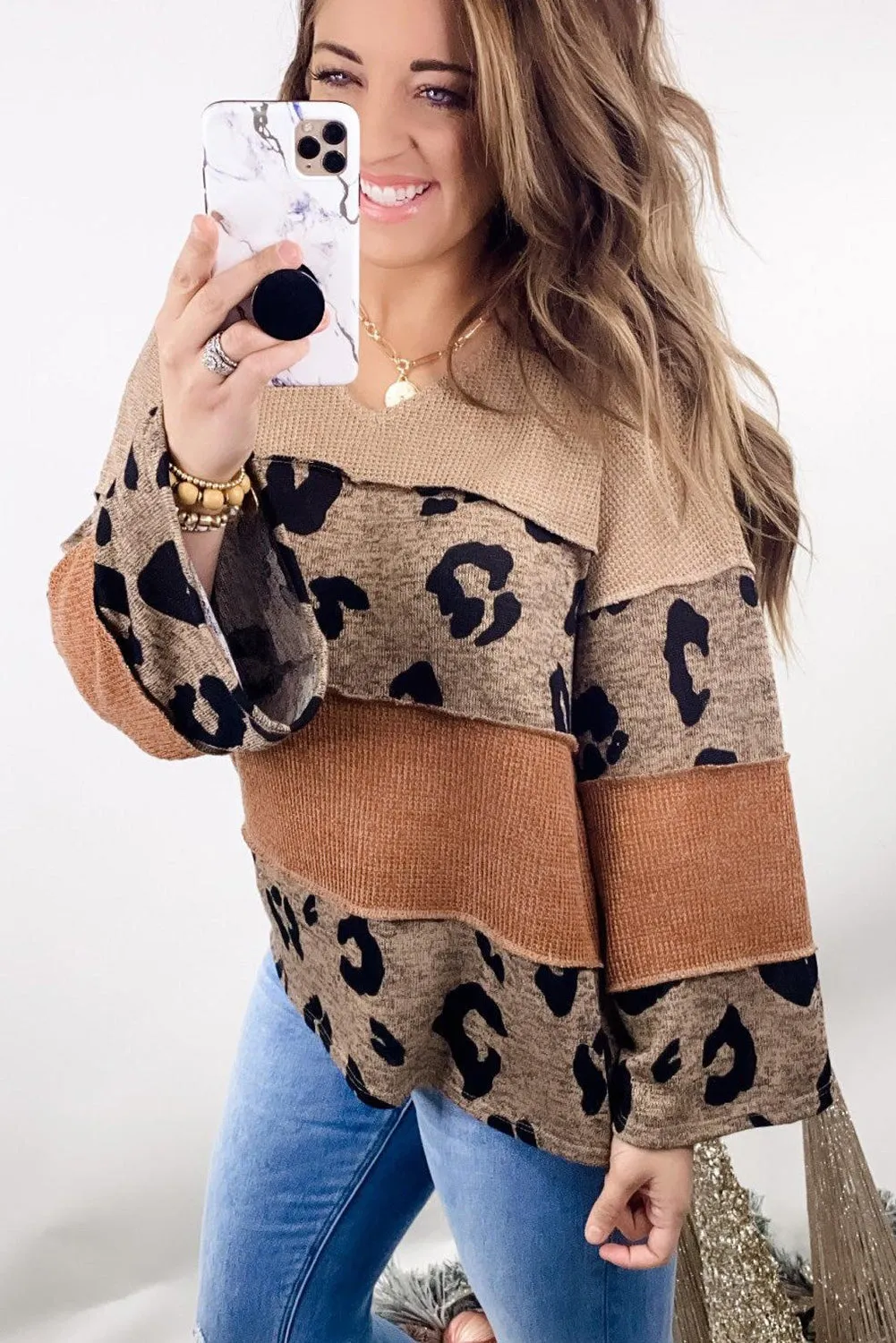 Leopard Colorblock V-Neck Long Sleeve Top
