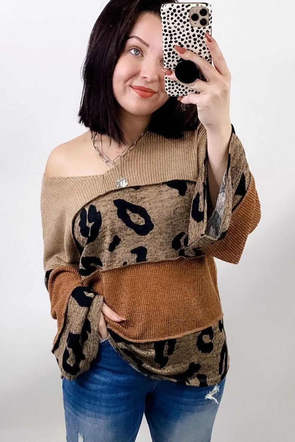 Leopard Colorblock V-Neck Long Sleeve Top