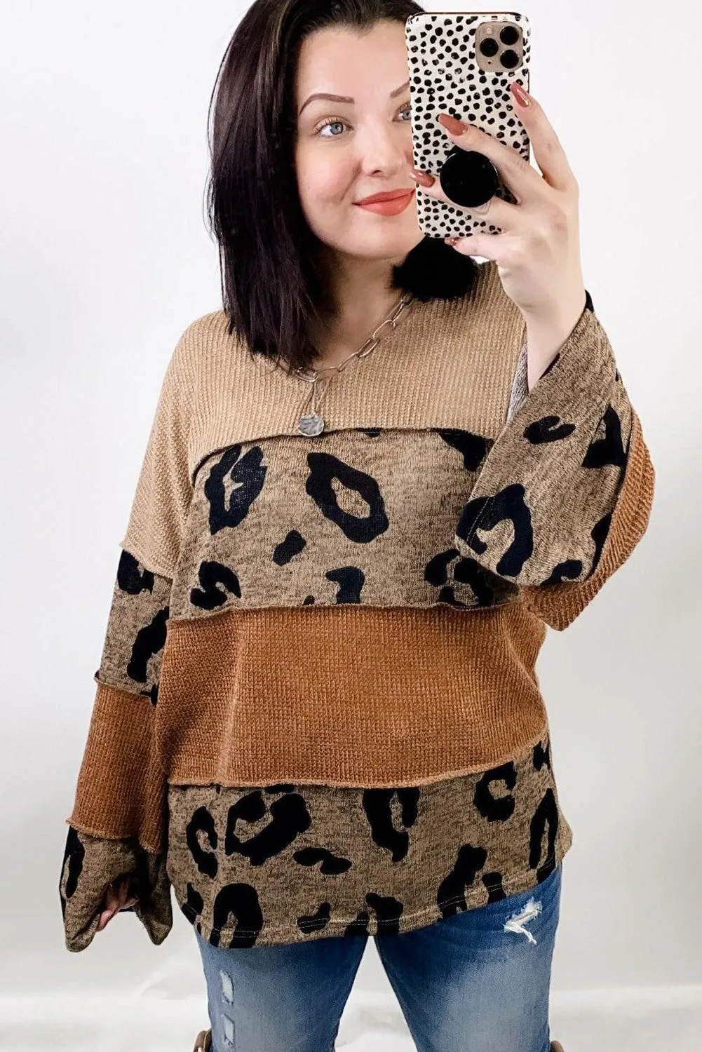 Leopard Colorblock V-Neck Long Sleeve Top