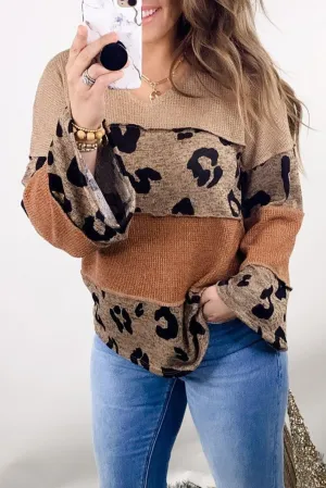 Leopard Colorblock V-Neck Long Sleeve Top