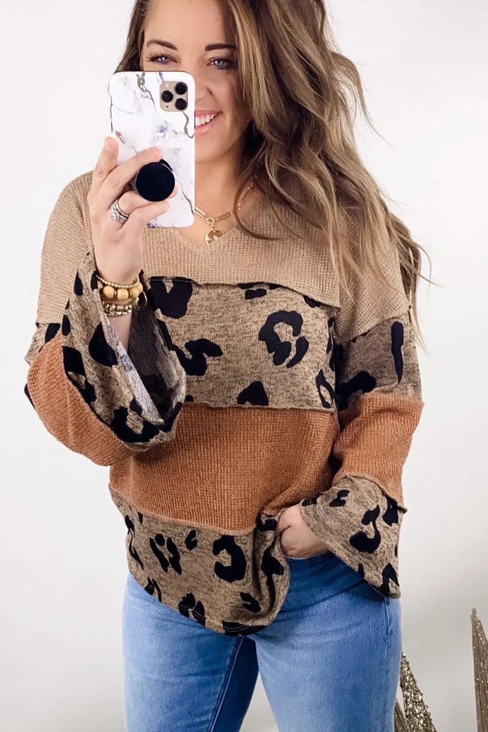 Leopard Colorblock V-Neck Long Sleeve Top